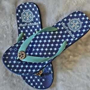 Tory Burch Navy and Teal Patterned Flip Flops with Mint Straps
